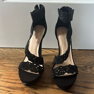 Size 7.5, Black, open toe, rose cut out straped Marco Republic heel